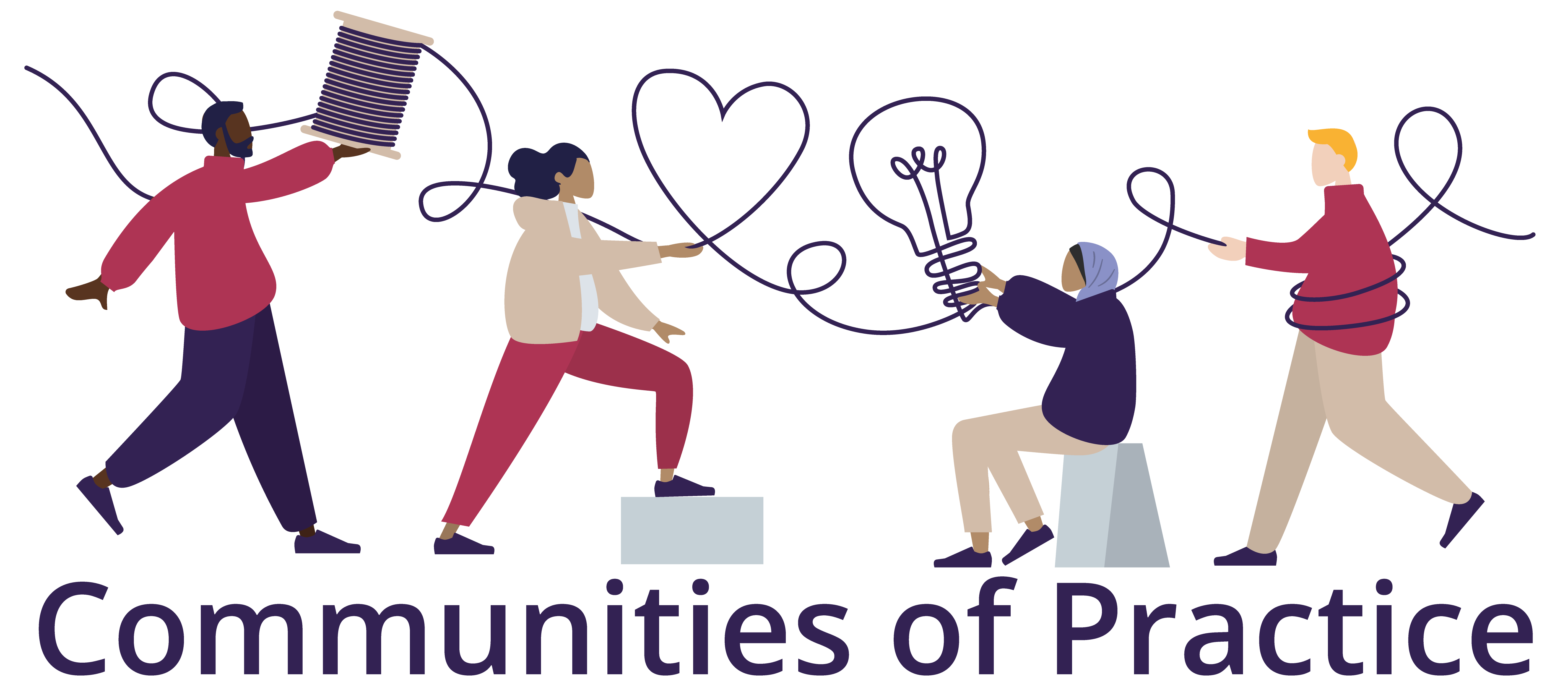 Communities of Practice logo. An illustration depicting four people connected by a thread. The thread makes the shapes of a lightbulb and a heart as it connects the people.